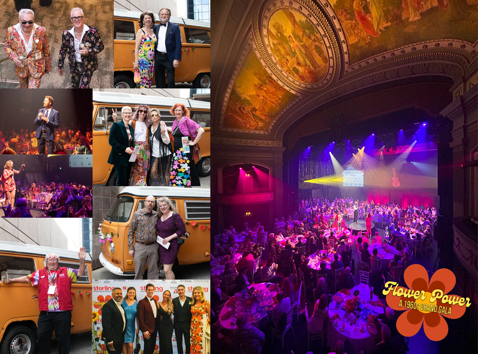 A montage of guests at the 2024 Grand Gala, picturing smiling people posing in front of an orange VW bus and a photo wall featuring sponsor logos. On the right side is a large image of the Spriet Stage at the Grand Theatre with tables for the Gala set up on the dramatically-lit stage. In the centre of the stage is a large illuminated neon-sign shaped like a guitar, framed by two large projection screens