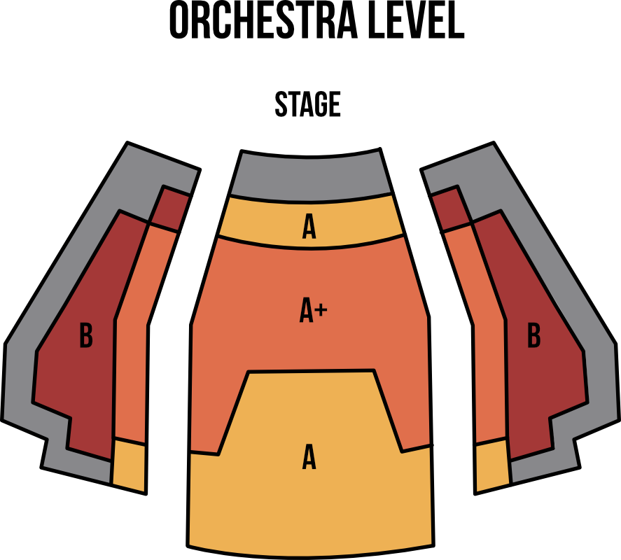 A visual representation of the orchestra level of the Spriet Stage, indicating the different seating zones.