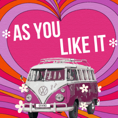 A pink and white Volkswagen bus on a background of multicoloured layered hearts.