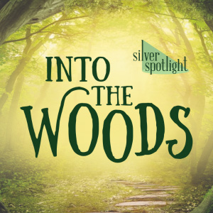 A hazy view of a trail in a forest with a yellow-tinted mist, with 'INTO THE WOODS' in large green text.