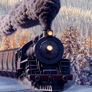 A train billows smoke as it travels through a snowy landscape.