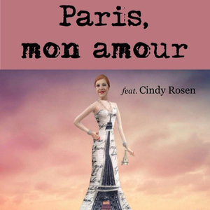 The Eiffel Tower transforms into the dress of Cindy Rosen, against a cloudy backdrop in hues of pink.