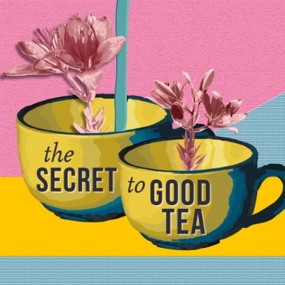 A yellow teapot pours water into two matching teacups, each holding a flower.