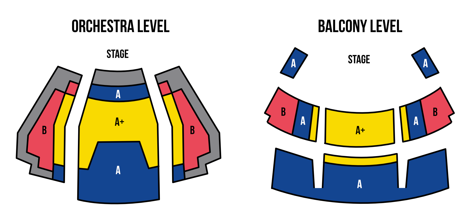 A simplified seating map view of the Grand Theatre's Spriet Stage, displaying the seating zones.