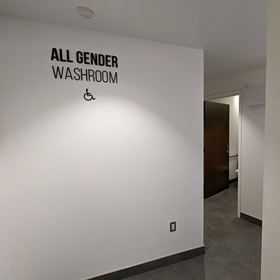 A view of the entrance to the All Gender washroom.