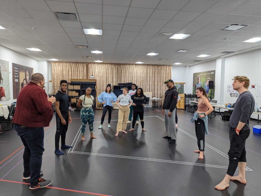 Ray Hogg directs the cast of Controlled Damage during a rehearsal.