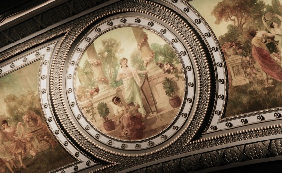 The Grand Theatre proscenium arch viewed from below. 