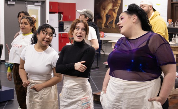 The cast of Waitress in rehearsal.