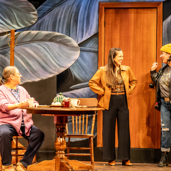 Pictured (L to R): Marsha Knight, Michelle Bardach, and Kelsey Kanatan Wavey. Director: Renae Morriseau. Costume Designer: Yolonda Skelton. Lighting Designer: Tim Rodrigues. Projection Designer: Cande Andrade. Sound Designer: Olivia Wheeler. Choreographer: Montana Summers. Fight Director: Anita Nittoly. Photo by: Dahlia Katz.