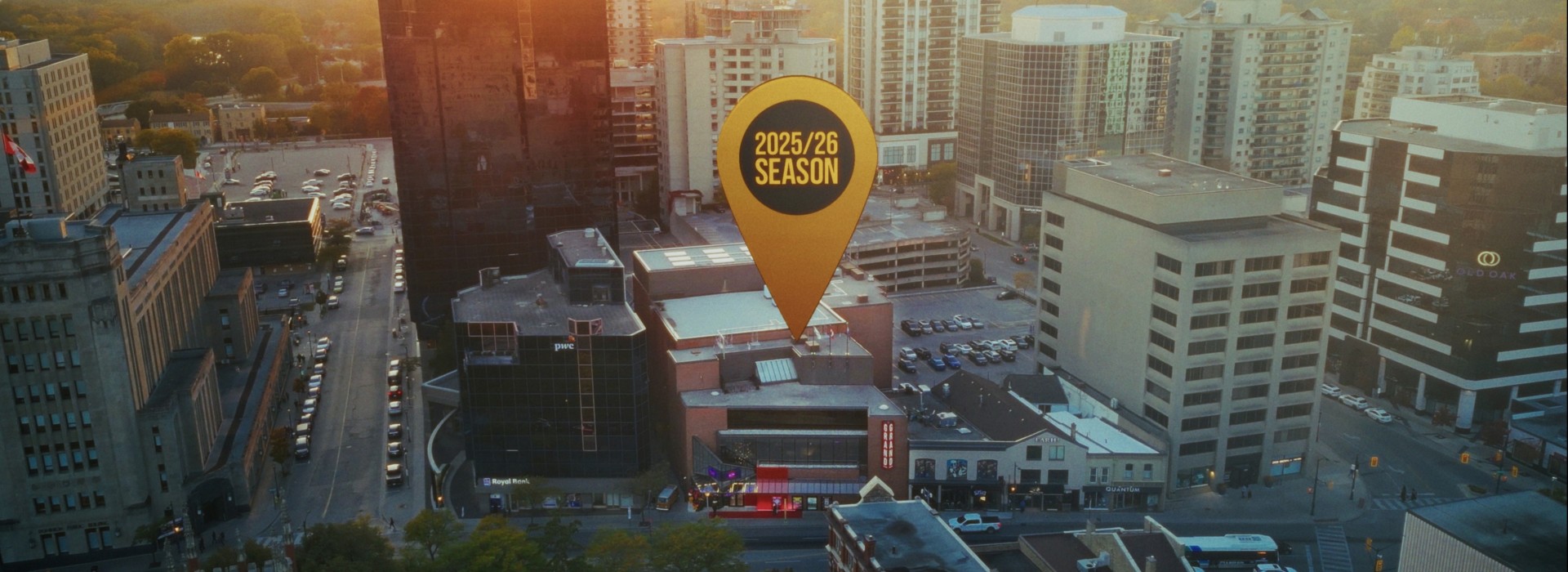 A birds-eye view of a portion of Richmond Street, centred on the Grand Theatre.