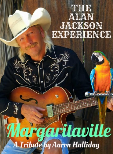 A musician, Aaron Halliday, wears a black western shirt, jeans, and white cowboy hat as he poses with his guitar. A macaw is superimposed on the right side of the photo.