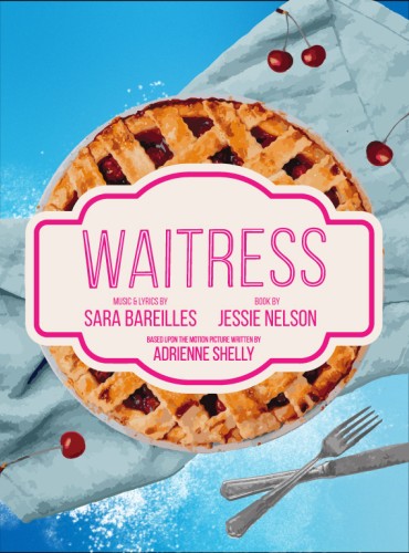 One a vibrant blue background, the title 'WAITRESS' is positioned over a cherry pie.