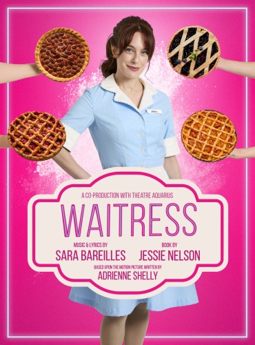 A smiling woman in a blue waitress uniform surrounded by hands holding four different pie.