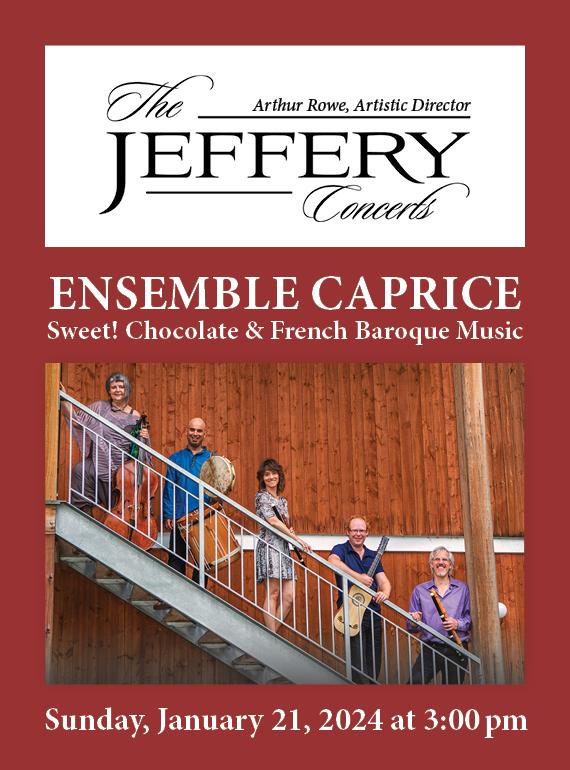 The five members of Ensemble Caprice pose with their instruments on an outdoor stairway.