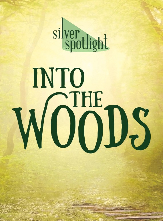 A hazy view of a trail in a forest with a yellow-tinted mist, with 'INTO THE WOODS' in large green text.