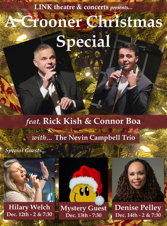 Photos of two men in suits singing and three smaller photos of guest performers are positioned over a background that is a close of up a decorated Christmas tree.