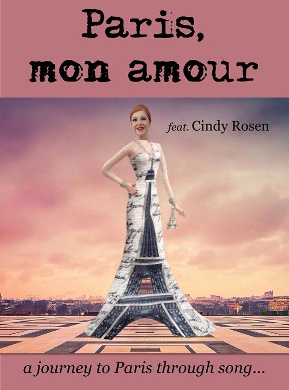 The Eiffel Tower transforms into the dress of Cindy Rosen, against a cloudy backdrop in hues of pink.