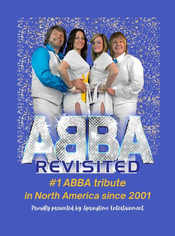 The four members of the ABBA Revisited tribute pose, dressed as the band.