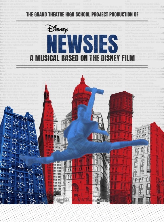 a leaping dancer silhouette in blue over a backdrop of red and blue stylized skyscrapers