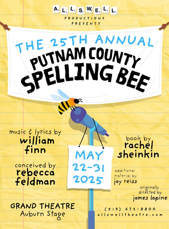 A bee hovers at a microphone, over a background of yellow ruled notebook paper. A white banner hangs above, including the title of the play: The 25th Annual Putnam County Spelling Bee