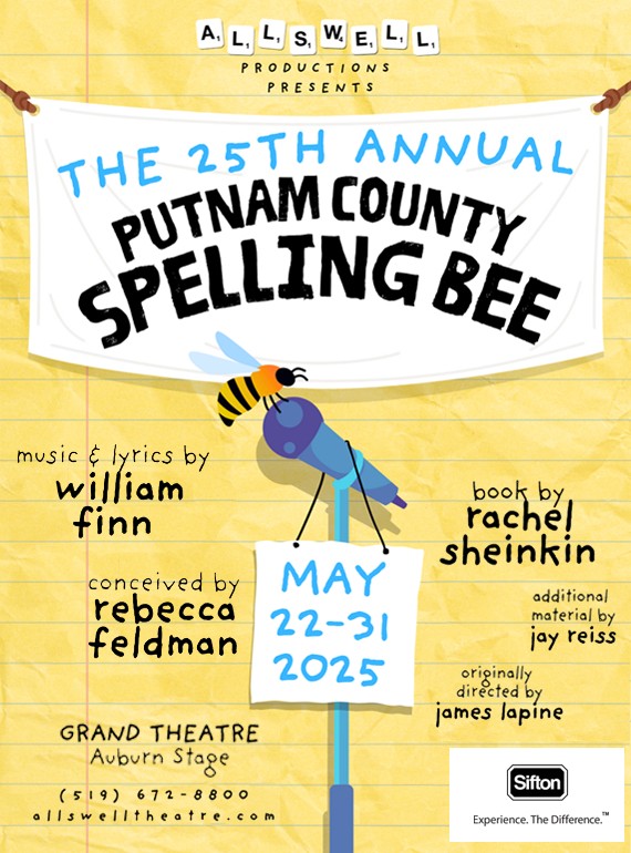 A bee hovers at a microphone, over a background of yellow ruled notebook paper. A white banner hangs above, including the title of the play: The 25th Annual Putnam County Spelling Bee